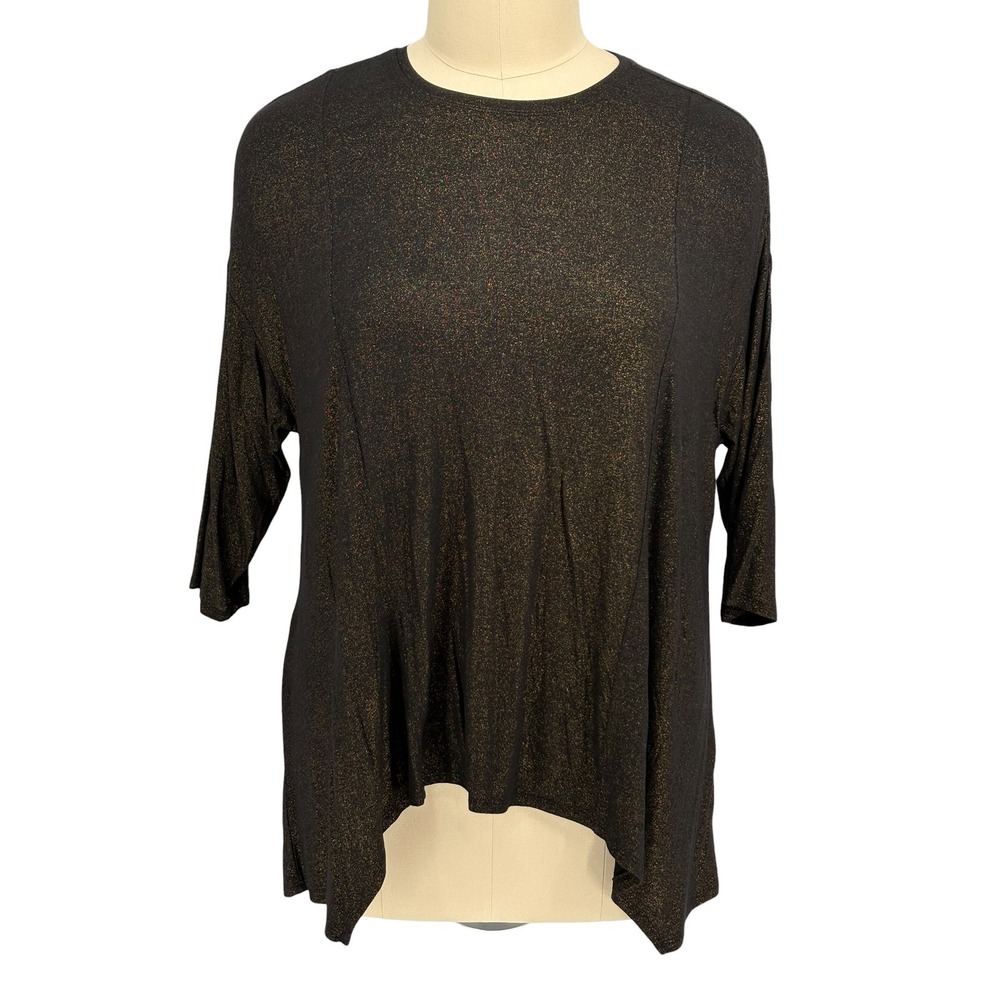 IMAN Global Chic Top Black Gold Metallic Shimmer High Low XL